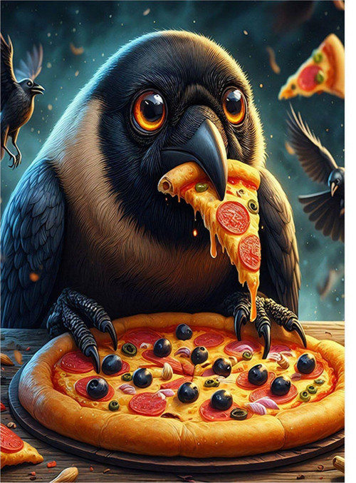 Pizza Yiyen Karga Modern Ahşap Tablo 50 cm x 70 cm