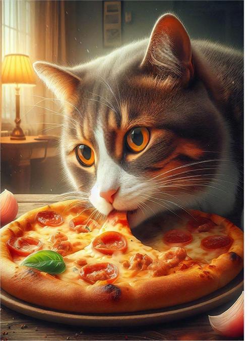 Pizza Yiyen Kedi Model Ahşap Tablo 35 cm x 50 cm