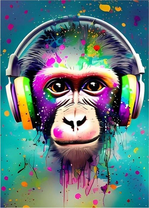 Müzik Dinleyen Sevimli Maymun Modern Ahşap Tablo 25 cm x 35 cm