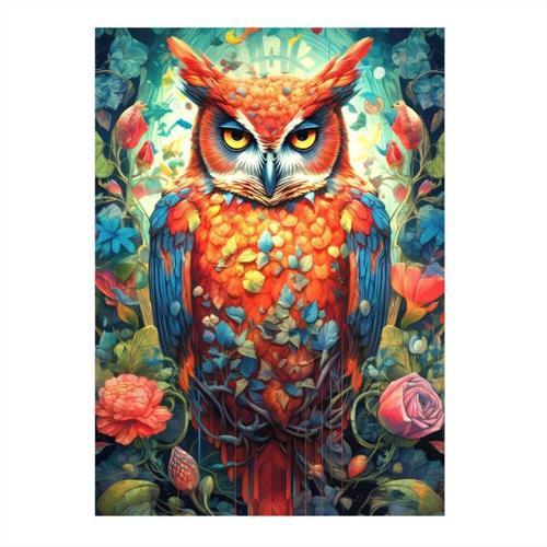 Renkli Baykuş Tasarım Ahşap Tablo 35 cm x 50 cm