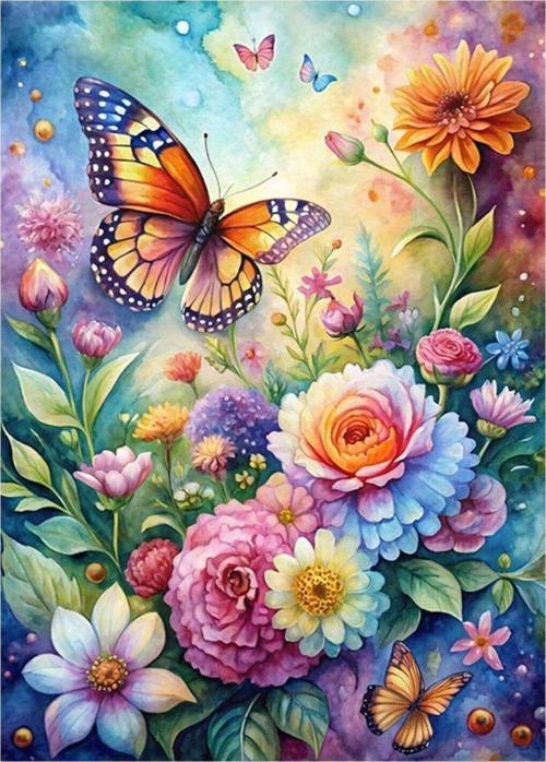 Renkli Çiçekler Ve Kelebek Hediyelik Ahşap Tablo 25 cm x 35 cm