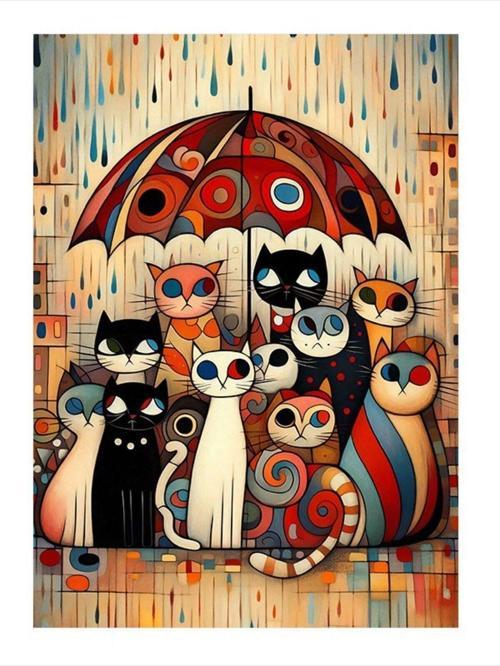Renkli Kediler Ve Yağmur Tasarım Ahşap Tablo 25 cm x 35 cm