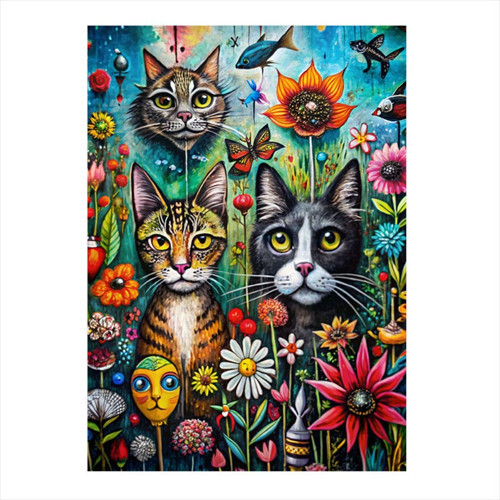 Sevimli Kediler Ve Çiçekler Dekoratif ahşap Tablo 50 cm x 70 cm