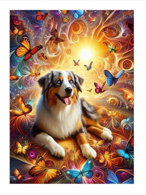 Sevimli Köpek Bir Kelebekler Tasarım Ahşap Tablo 25 cm x 35 cm