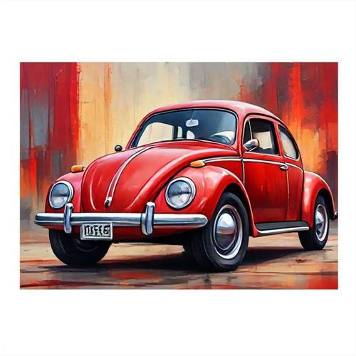 Retro Kırmızı Kaplumbağa Araba Model Ahşap Tablo 35 cm x 50 cm