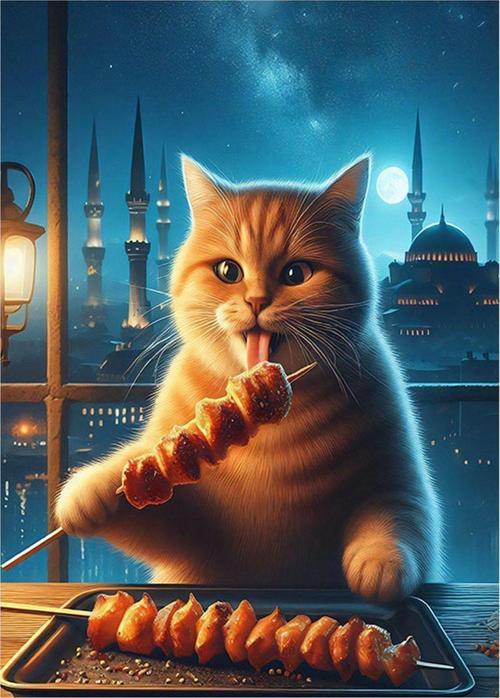 Şiş Kebap Yapan Kedi Tasarım Ahşap Tablo 35 cm x 50 cm