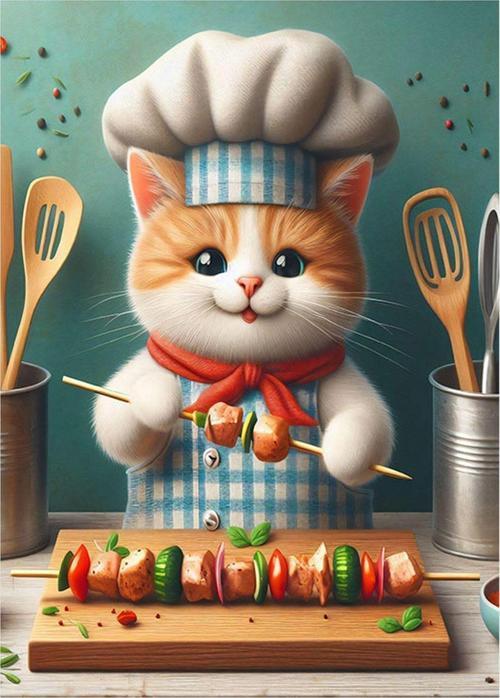 Şiş Kebap Yapan Sevimli Kedi Dekoratif ahşap Tablo 35 cm x 50 cm