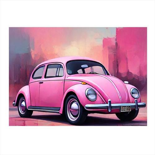 Retro Pembe Kaplumbağa Araba Modern Ahşap Tablo 35 cm x 50 cm