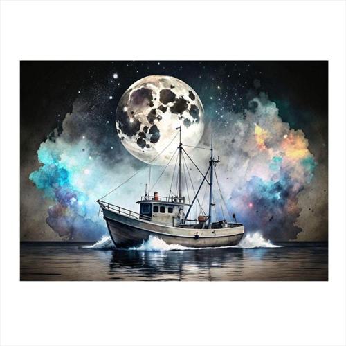 Tekne Ve Dolunay Dekoratif ahşap Tablo 35 cm x 50 cm