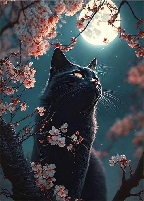 Siyah Kedi Ve Ay Tasarım Ahşap Tablo 35 cm x 50 cm