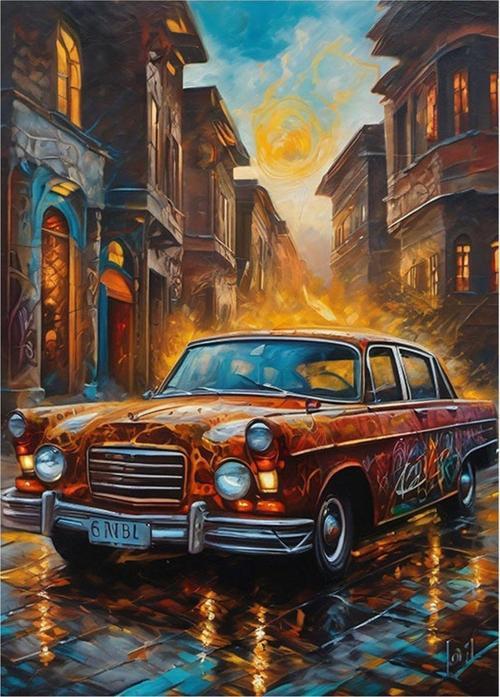 Turuncu Klasik Araba Tasarım Ahşap Tablo 50 cm x 70 cm