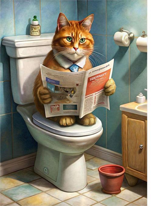 Tuvalette Gazete Okuyan Kedi Dekoratif ahşap Tablo 35 cm x 50 cm