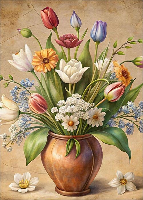 Seramik Vazodaki Çiçekler Model Ahşap Tablo 35 cm x 50 cm