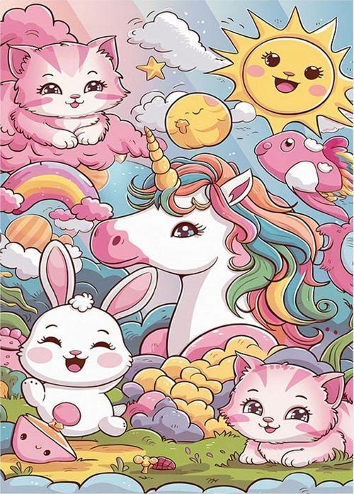 Unicorn Kedi Ve Tavşan Hediyelik Ahşap Tablo 35 cm x 50 cm