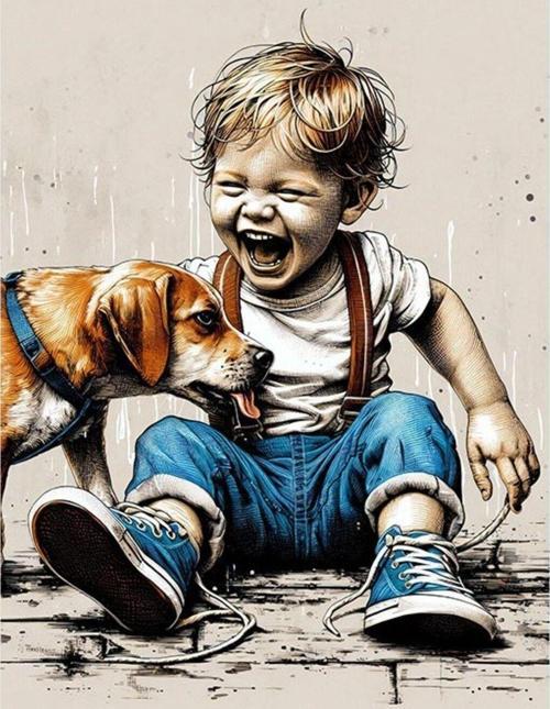 Sevimli Çocuk Ve Köpeği Desenli Ahşap Tablo 25 cm x 35 cm