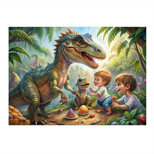 Sevimli Dinazor Ve Çocuklar Tasarım Ahşap Tablo 35 cm x 50 cm