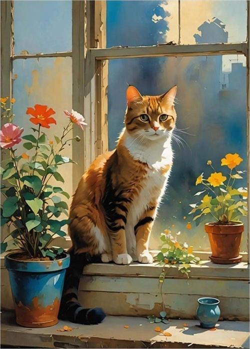 Vazodaki Çiçekler Ve Kedi Tasarım Ahşap Tablo 25 cm x 35 cm