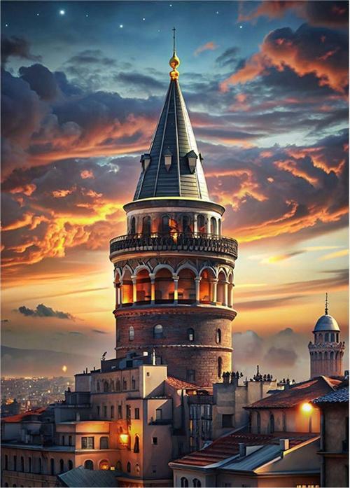 Gün Batımı Ve Galata Kulesi Desenli Ahşap Tablo 35 cm x 50 cm