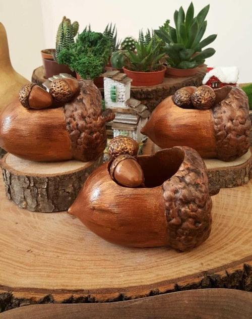 Kaktüs Ve Succulentler Için El Yapımı 3'Lü Fındık Tasarım Mini Saksı