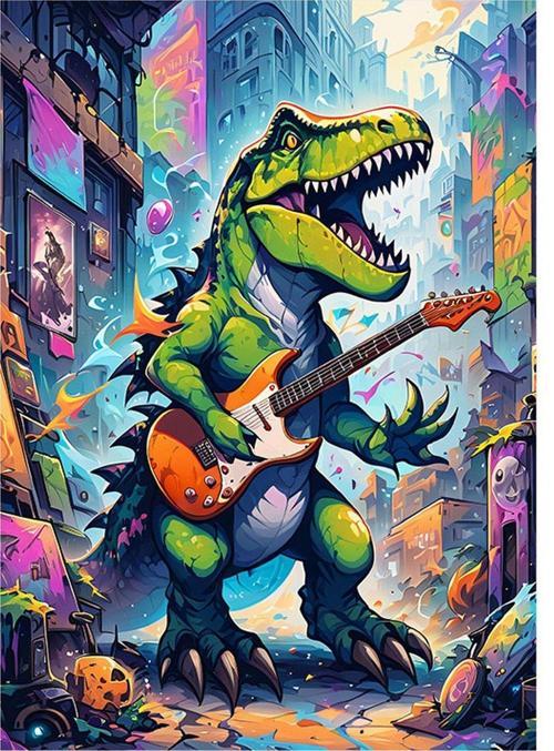 Gitar Çalan Yeşil Dinozor Art Mdf Poster 50 cm x 70 cm