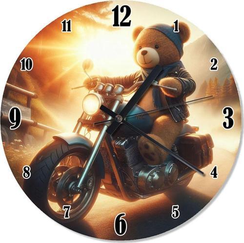 Motosiklet Kullanan Oyuncak Ayı Baskılı Duvar Saati