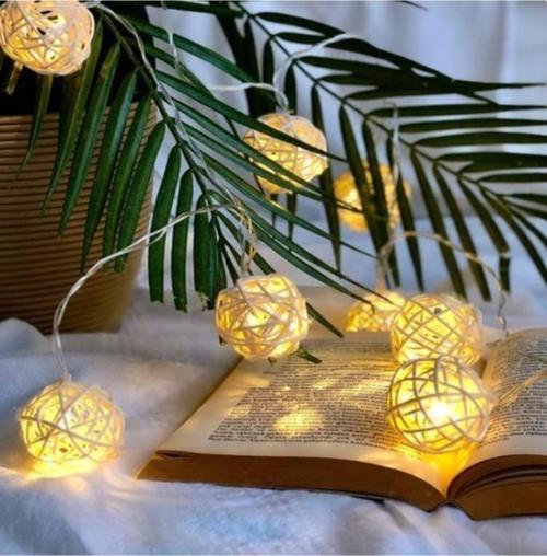 Led Işıklı Rattan Top Dizeleri 10'Lu 2 Metre, Hasır Led Işık Dizeleri