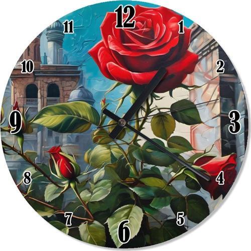 Kırmızı Gül Ve Tomurcukları Tasarım Duvar Saati
