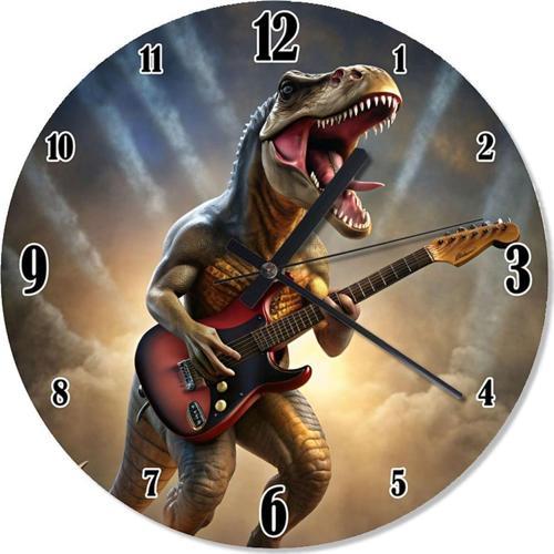 Gitar Çalan Dinazor Desenli Duvar Saati