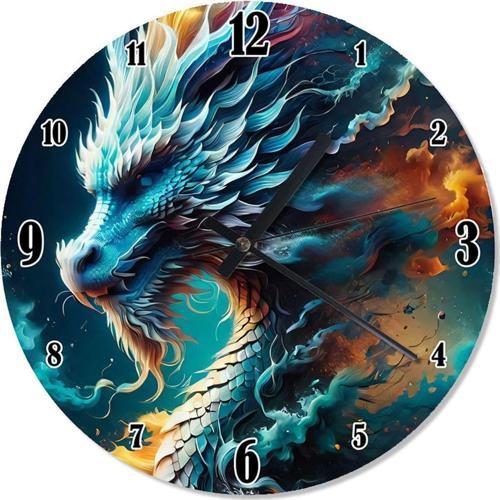 Mavi Sarı Ejderha Baskılı Duvar Saati