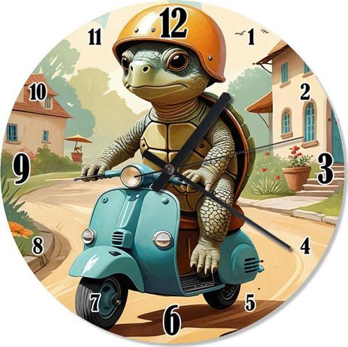 Scooter Süren Sevimli Kaplumbağa Akarlı Duvar Saati