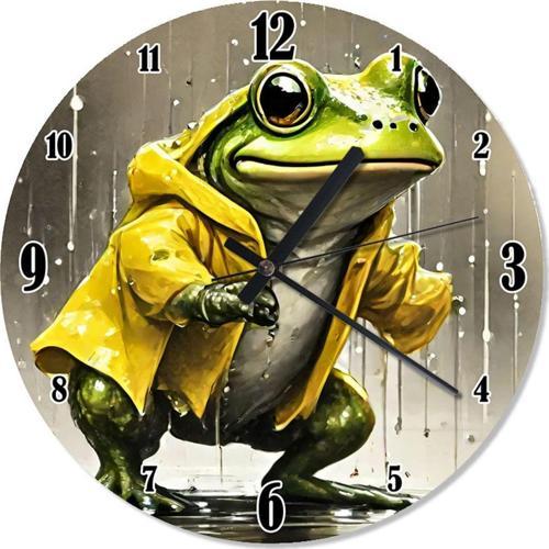 Yağmurluklu Yeşil Kurbağa Baskılı Duvar Saati