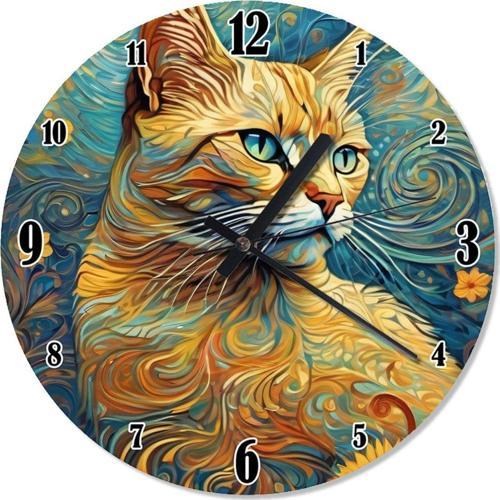 Yağlı Boya Şekilli Sarı Kedi Baskılı Duvar Saati