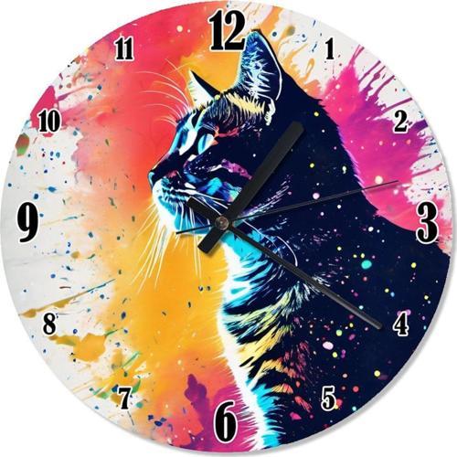 Renkli Boya Ve Kedi Sessiz Duvar Saati