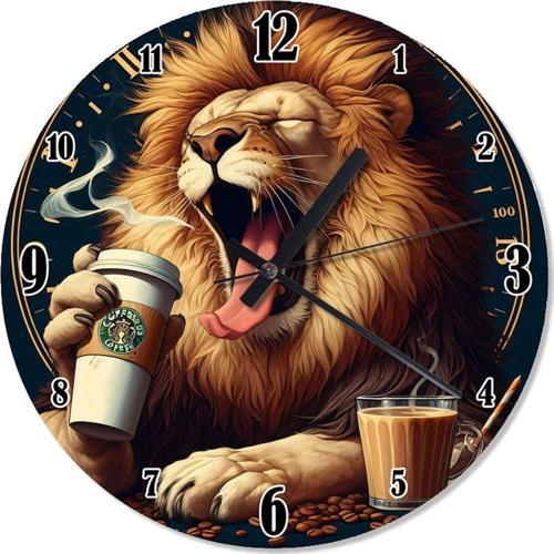 Kahve İçen Ve Esneyen Aslan Akarlı Duvar Saati