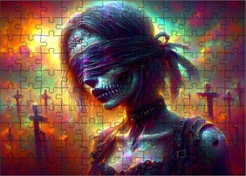 Ahşap Mdf Puzzle Yapboz Gözü Kapalı Kadın Ve Mezarlık 120 Parça 25 x 35 cm