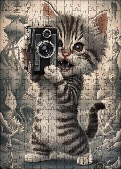 Ahşap Mdf Puzzle Yapboz fotoğraf çeken gülen kedi 255 Parça 35 x 50 cm