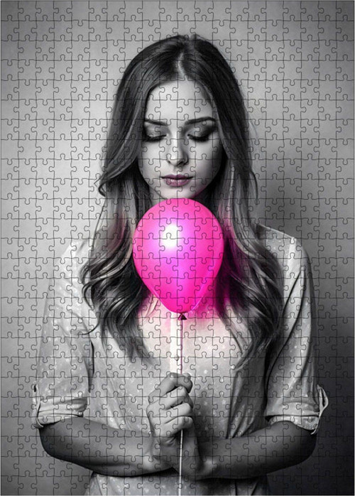 Ahşap Mdf Puzzle Yapboz Pembe Balonlu Kız 500 Parça 50 x 70 cm