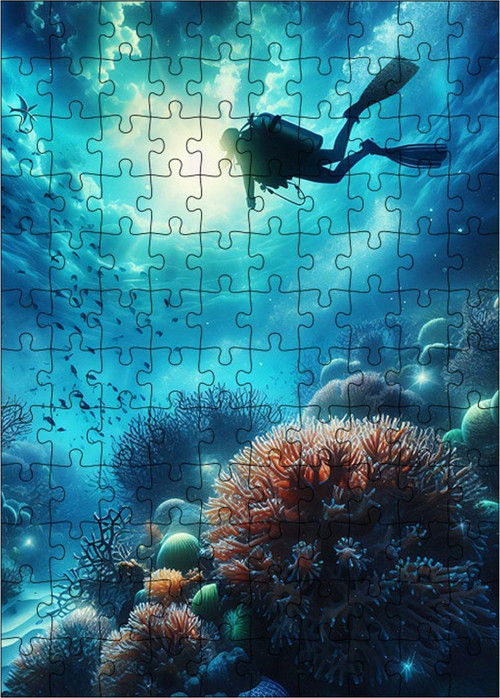 Ahşap Mdf Puzzle Yapboz Dalgıç Ve Mercanlar 120 Parça 25 x 35 cm