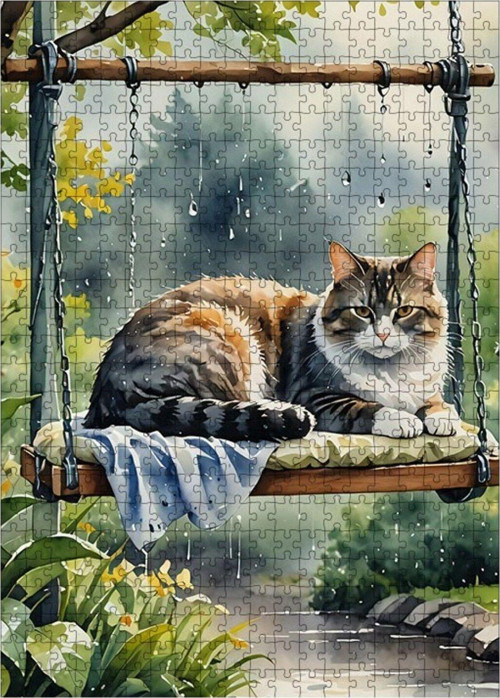 Ahşap Mdf Puzzle Yapboz Salıncaktaki Sevimli Kedi 500 Parça 50 x 70 cm