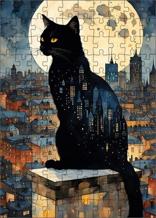 Ahşap Mdf Puzzle Yapboz Siyah Kedi Ve Binalar 120 Parça 25 x 35 cm