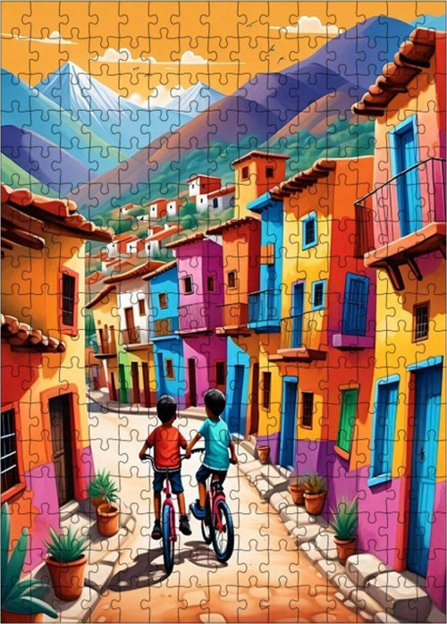 Ahşap Mdf Puzzle Yapboz Mahallede Bisiklet Süren Çocuklar 255 Parça 35 x 50 cm