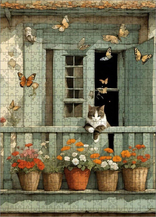 Ahşap Mdf Puzzle Yapboz Kelebekler Ve Kedi 500 Parça 50 x 70 cm