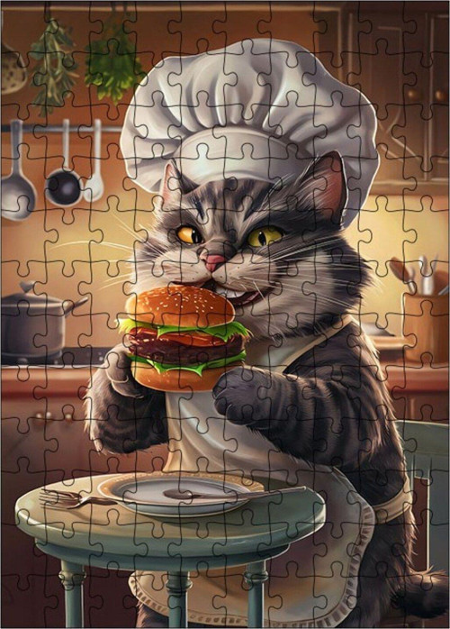 Ahşap Mdf Puzzle Yapboz Obur Kedi Ve Hamburger 120 Parça 25 x 35 cm