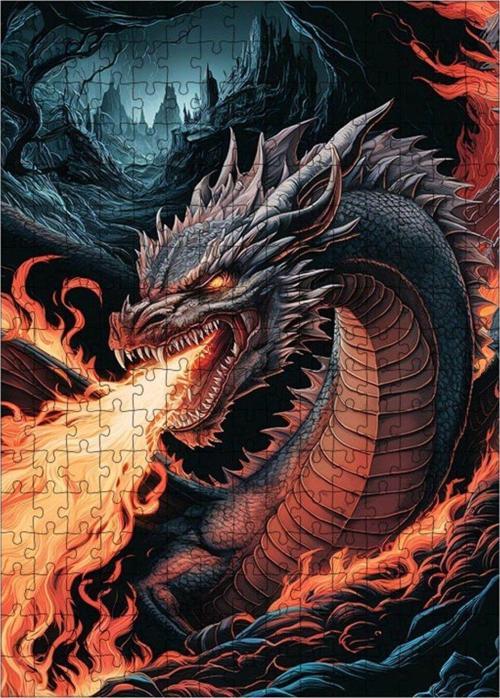 Ahşap Mdf Puzzle Yapboz Alev Üfleyen Ejderha 255 Parça 35 x 50 cm