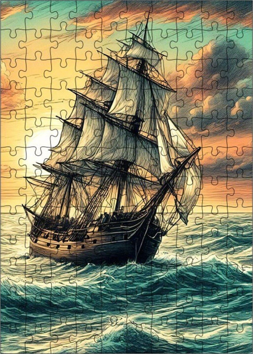 Ahşap Mdf Puzzle Yapboz Dalgalarda Sallanan Retro Gemi 120 Parça 25 x 35 cm