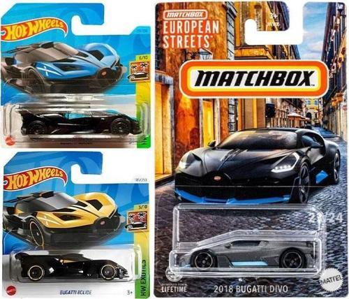 3 Araç Bugatti Set - Hot Wheels Bolide Sarı & Mavi & Matchbox Divo (1/64)