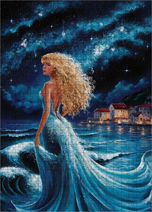 Ahşap Mdf Puzzle Yapboz Mavi Elbiseli Kadın Ve Deniz 500 Parça 50 x 70 cm