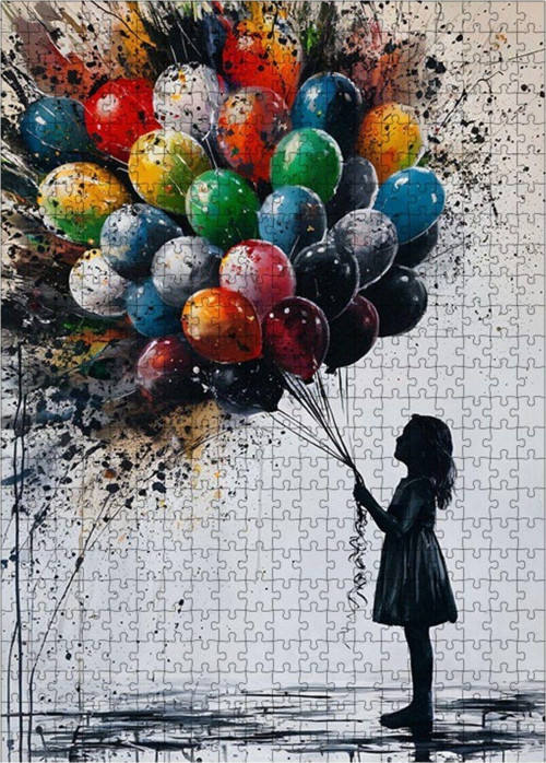 Ahşap Mdf Puzzle Yapboz Renkli Uçan Balonlar Ve Kız 500 Parça 50 x 70 cm