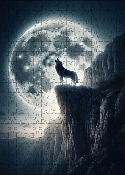 Ahşap Mdf Puzzle Yapboz Dolunay Ve Uluyan Kurt 255 Parça 35 x 50 cm