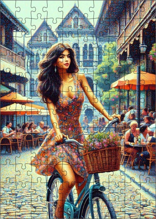 Ahşap Mdf Puzzle Yapboz Bisiklet Kullanan Kız 120 Parça 25 x 35 cm